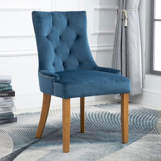 Lauren Velvet Dining Chair In Midnight Blue With Oak Legs