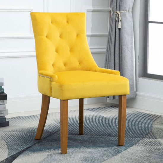 Lauren Velvet Dining Chair In Ochre With Oak Legs
