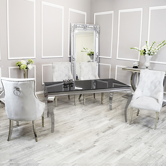 Product photograph of Laval Black Glass Dining Table With 8 Dessel Light Grey Chairs from Furniture in Fashion