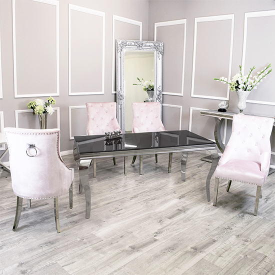 Photo of Laval black glass dining table with 8 dessel pink chairs