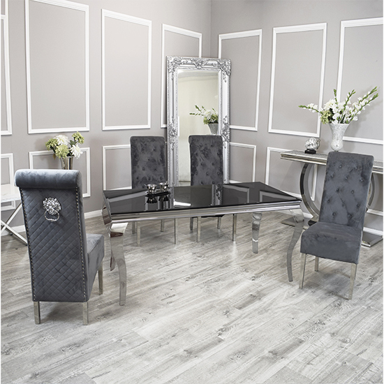 Product photograph of Laval Black Glass Dining Table With 8 Elmira Dark Grey Chairs from Furniture in Fashion