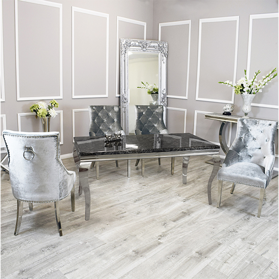 Read more about Laval black marble dining table with 6 dessel pewter chairs