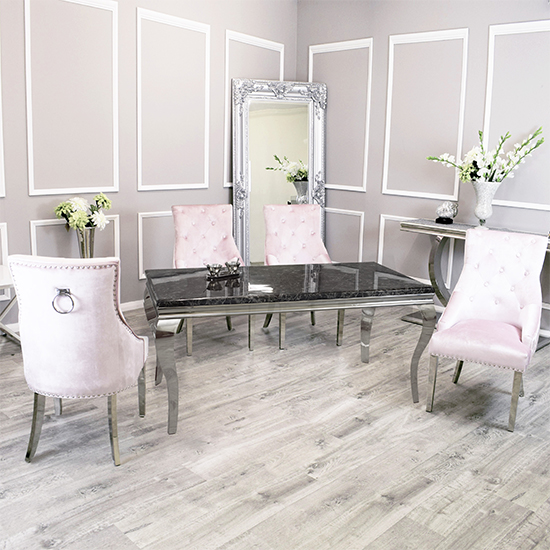 Read more about Laval black marble dining table with 6 dessel pink chairs