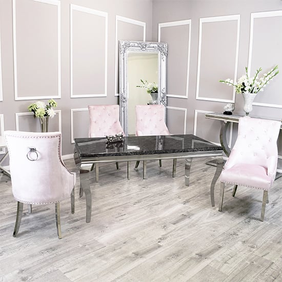 Read more about Laval black marble dining table with 8 dessel pink chairs
