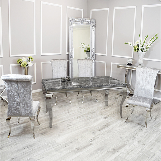 Laval Dark Grey Marble Dining Table With 4 North Silver Chairs