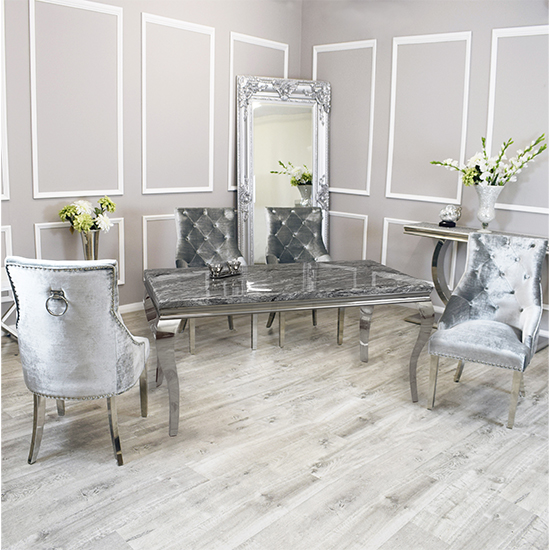 Laval Dark Grey Marble Dining Table With 4 Dessel Pewter Chairs