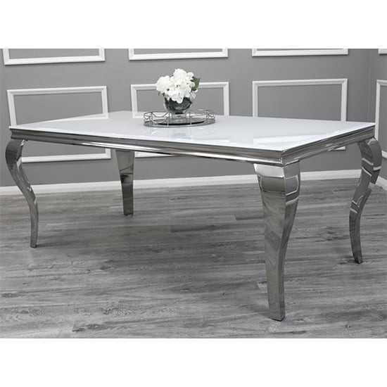 Product photograph of Laval Extra Large White Glass Dining Table With Chrome Legs from Furniture in Fashion