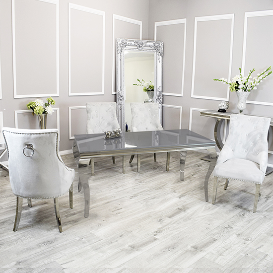 Product photograph of Laval Grey Glass Dining Table With 6 Dessel Light Grey Chairs from Furniture in Fashion