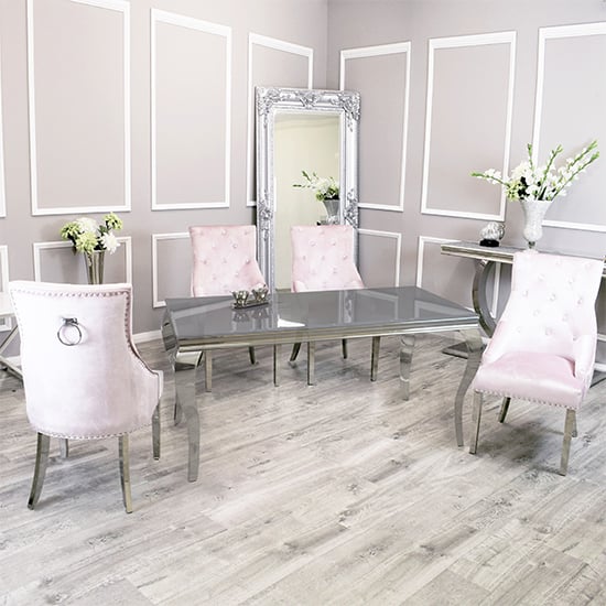 Product photograph of Laval Grey Glass Dining Table With 6 Dessel Pink Chairs from Furniture in Fashion