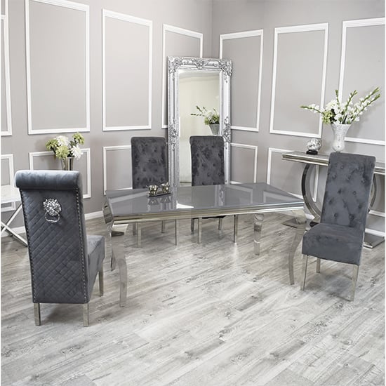 Product photograph of Laval Grey Glass Dining Table With 6 Elmira Dark Grey Chairs from Furniture in Fashion