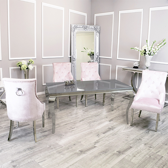 Photo of Laval grey glass dining table with 8 dessel pink chairs