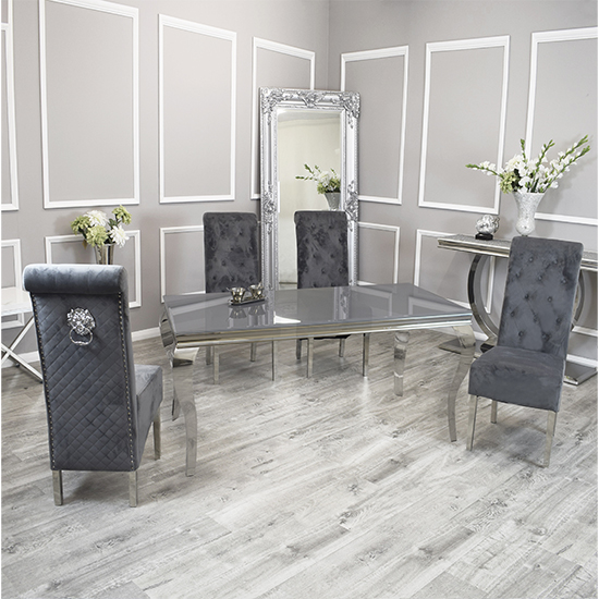 Product photograph of Laval Grey Glass Dining Table With 8 Elmira Dark Grey Chairs from Furniture in Fashion