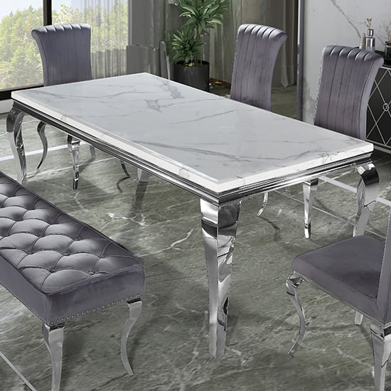 Product photograph of Laval Large Marble Dining Table In White With Chrome Curved Leg from Furniture in Fashion