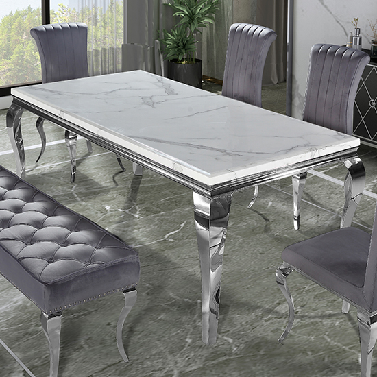 Product photograph of Laval Large White Marble Dining Table With Chrome Legs from Furniture in Fashion