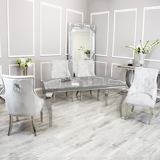 Product photograph of Laval Light Grey Marble Dining Table 6 Dessel Light Grey Chairs from Furniture in Fashion