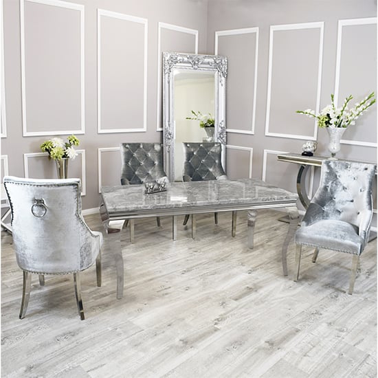 Photo of Laval light grey marble dining table 6 dessel pewter chairs