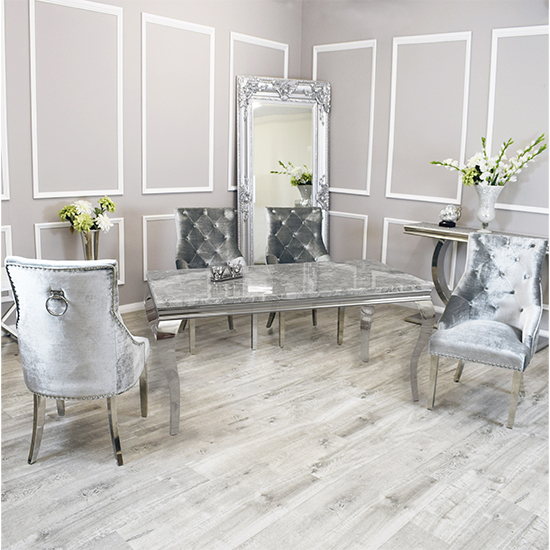 Read more about Laval light grey marble dining table 6 dessel pewter chairs