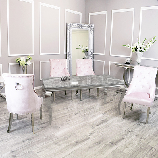 Photo of Laval light grey marble dining table 6 dessel pink chairs