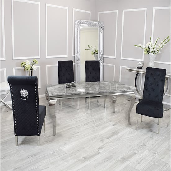 Product photograph of Laval Light Grey Marble Dining Table With 6 Elmira Black Chairs from Furniture in Fashion