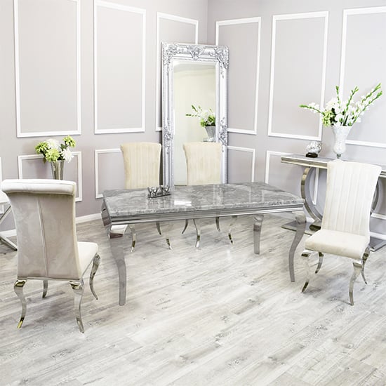 Photo of Laval light grey marble dining table with 6 north cream chairs