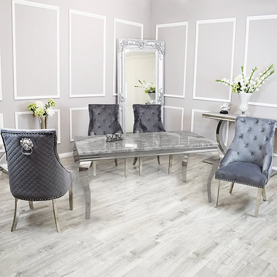 Photo of Laval light grey marble dining table 8 benton dark grey chairs