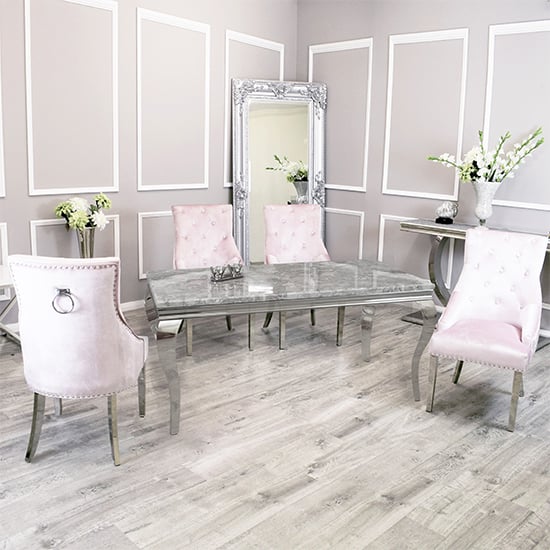 Photo of Laval light grey marble dining table 8 dessel pink chairs