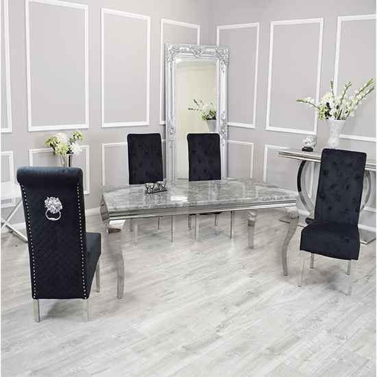 Read more about Laval light grey marble dining table with 8 elmira black chairs