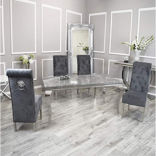 Read more about Laval light grey marble dining table 8 elmira dark grey chairs
