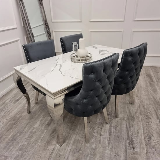 Product photograph of Laval Polar White Dining Table With 6 Kinston Dark Grey Chairs from Furniture in Fashion