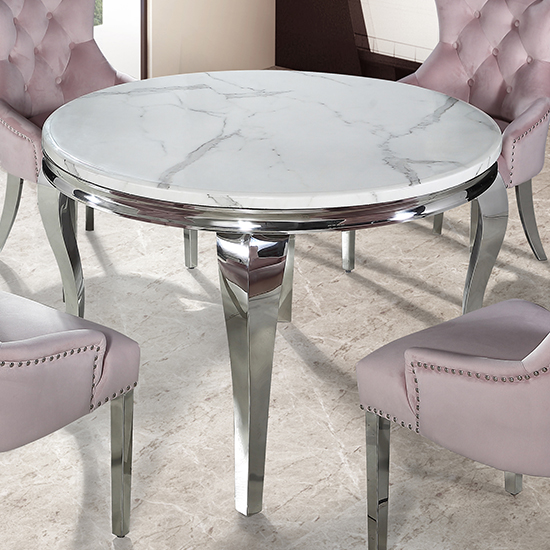 Product photograph of Laval Round White Marble Dining Table With Chrome Legs from Furniture in Fashion