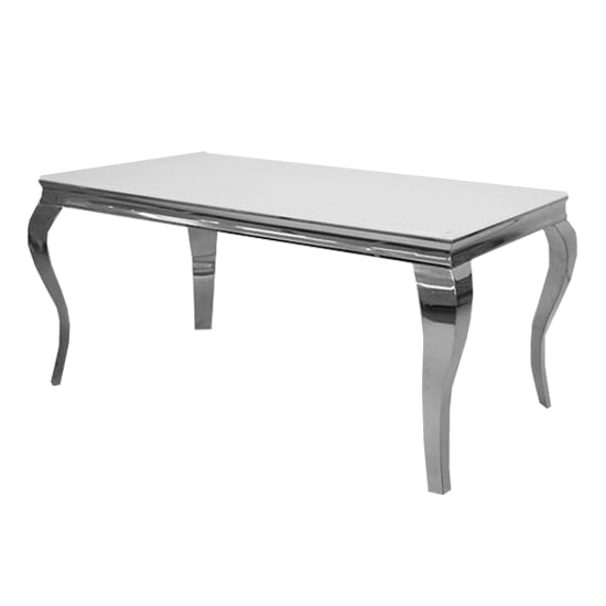 Product photograph of Laval Small White Glass Dining Table With Chrome Curved Legs from Furniture in Fashion