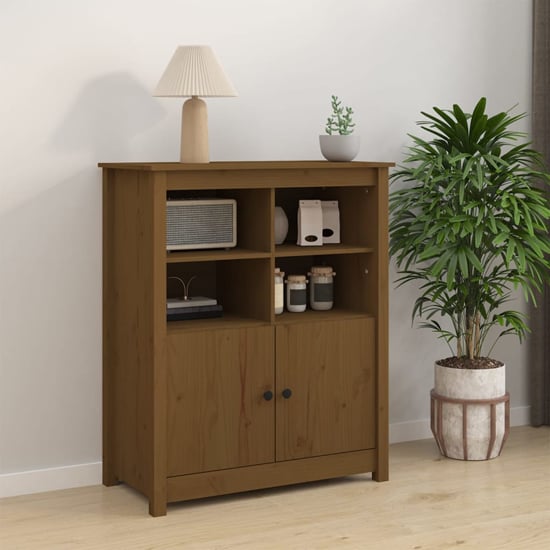 Photo of Laval solid pine wood sideboard with 2 doors in honey brown