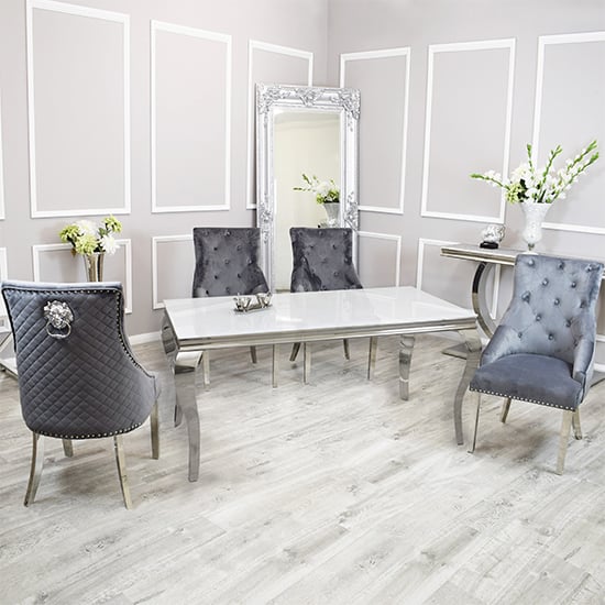 Product photograph of Laval White Glass Dining Table With 6 Benton Dark Grey Chairs from Furniture in Fashion