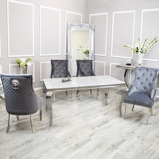 Product photograph of Laval White Glass Dining Table With 6 Benton Dark Grey Chairs from Furniture in Fashion