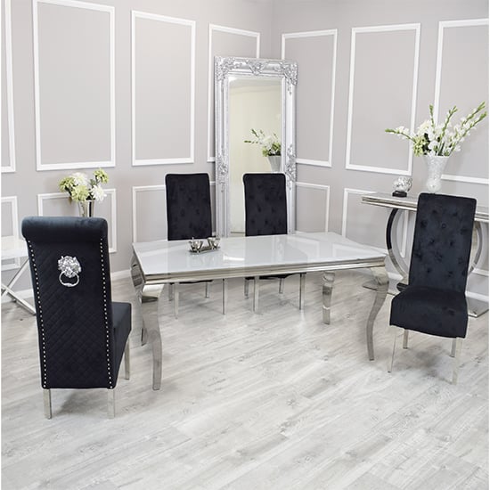 Read more about Laval white glass dining table with 6 elmira black chairs