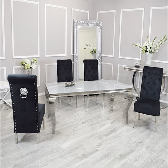 Product photograph of Laval White Glass Dining Table With 6 Elmira Black Chairs from Furniture in Fashion