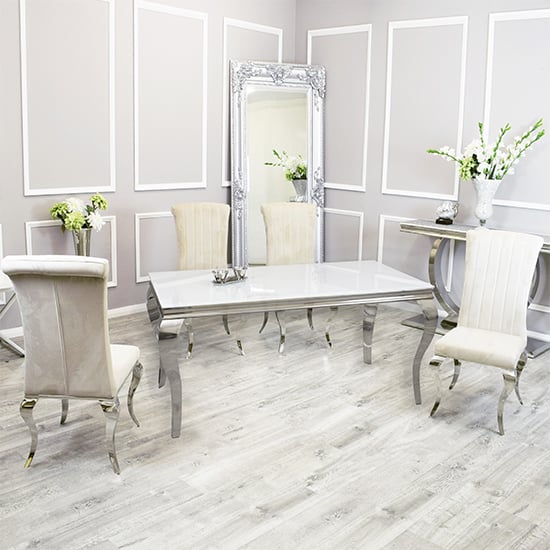 Product photograph of Laval White Glass Dining Table With 6 North Cream Chairs from Furniture in Fashion