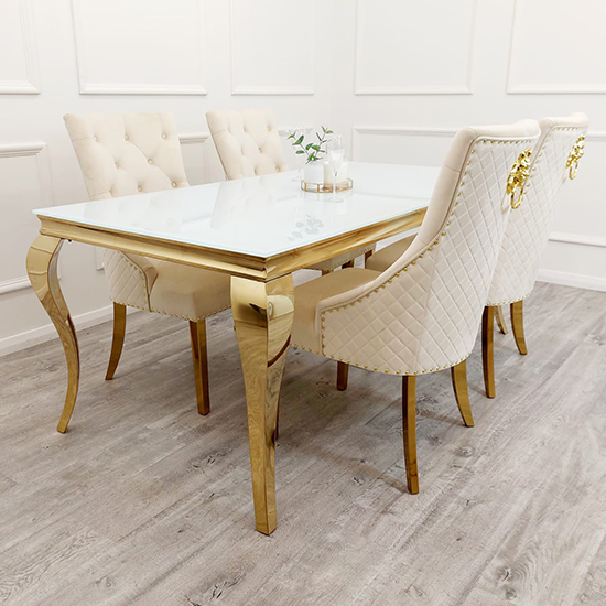 Read more about Laval white glass dining table with 8 benton cream chairs