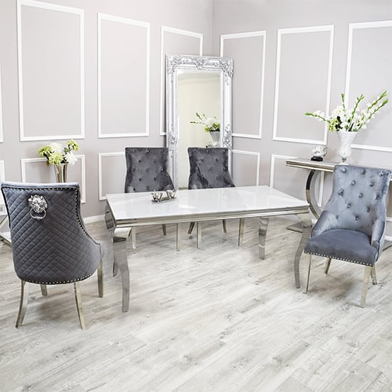 Laval White Glass Dining Table With 8 Benton Dark Grey Chairs