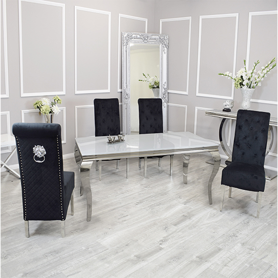 Product photograph of Laval White Glass Dining Table With 8 Elmira Black Chairs from Furniture in Fashion