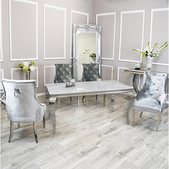 Product photograph of Laval White Glass Dining Table With 6 Dessel Pewter Chairs from Furniture in Fashion