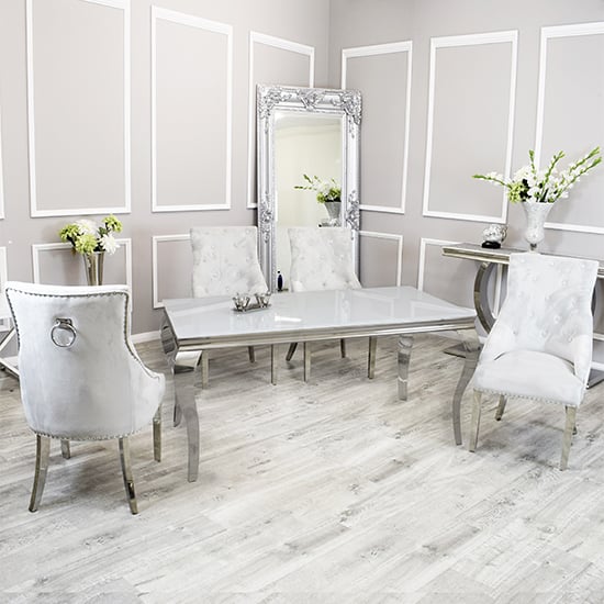 Product photograph of Laval White Glass Dining Table With 6 Dessel Light Grey Chairs from Furniture in Fashion