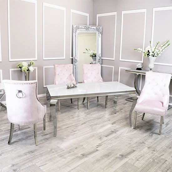 Read more about Laval white glass dining table with 6 dessel pink chairs