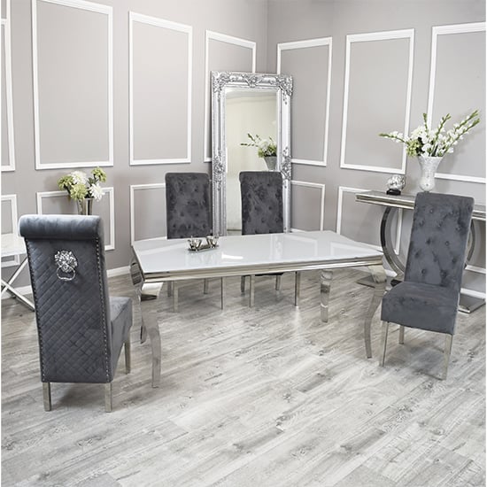 Product photograph of Laval White Glass Dining Table With 6 Elmira Dark Grey Chairs from Furniture in Fashion