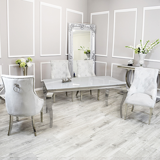 Product photograph of Laval White Glass Dining Table With 8 Dessel Light Grey Chairs from Furniture in Fashion