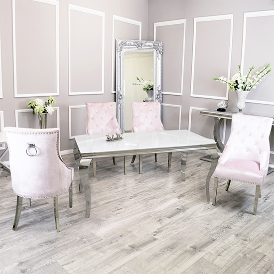 Photo of Laval white glass dining table with 8 dessel pink chairs