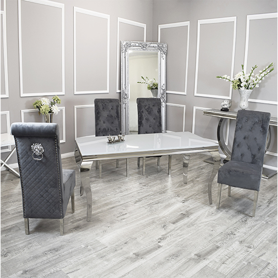 Product photograph of Laval White Glass Dining Table With 8 Elmira Dark Grey Chairs from Furniture in Fashion