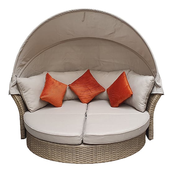Photo of Lavey weave half round day bed in natural with beige cushions
