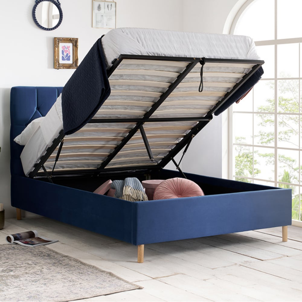 Laxly Fabric Ottoman Storage Double Bed In Blue
