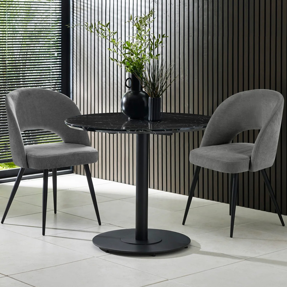 Layton Black Marble Effect Round Dining Table With 2 Erie Grey Chairs